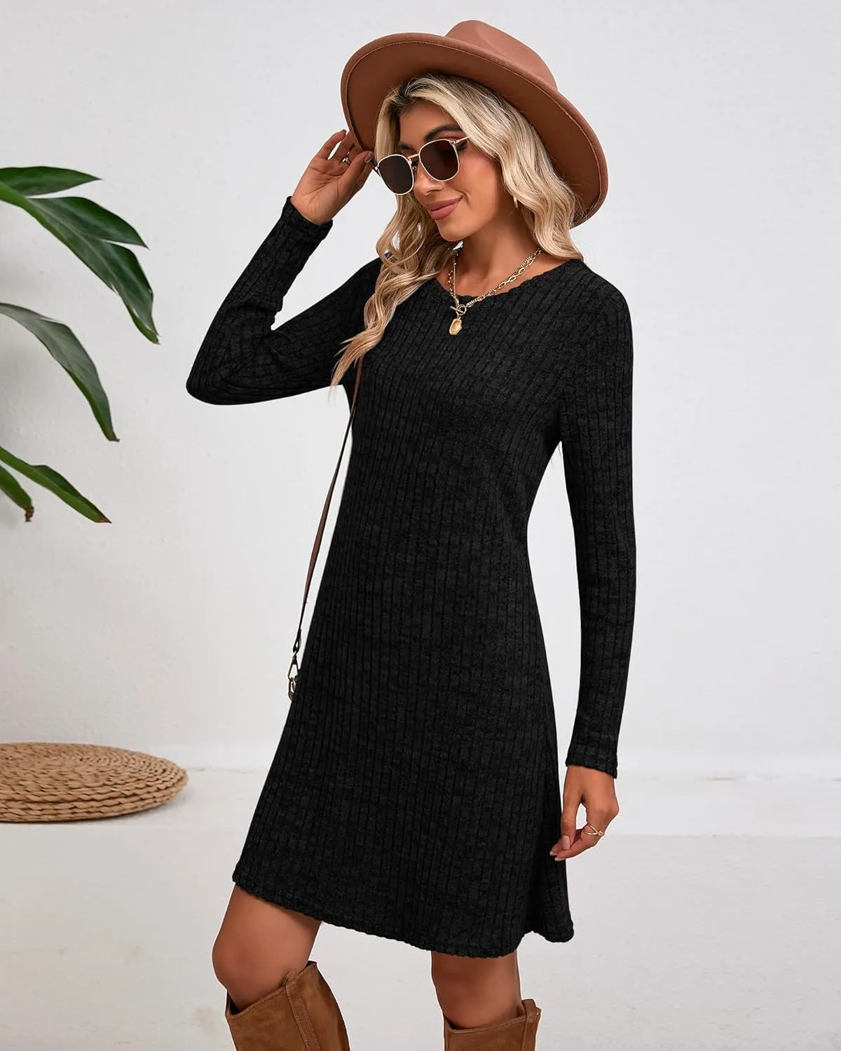 Riyiper 3 Pack Women's Long Sleeve Sweater Tunic Dresses - Loose Fitting Knit Crew Neck for Casual Fall Winter