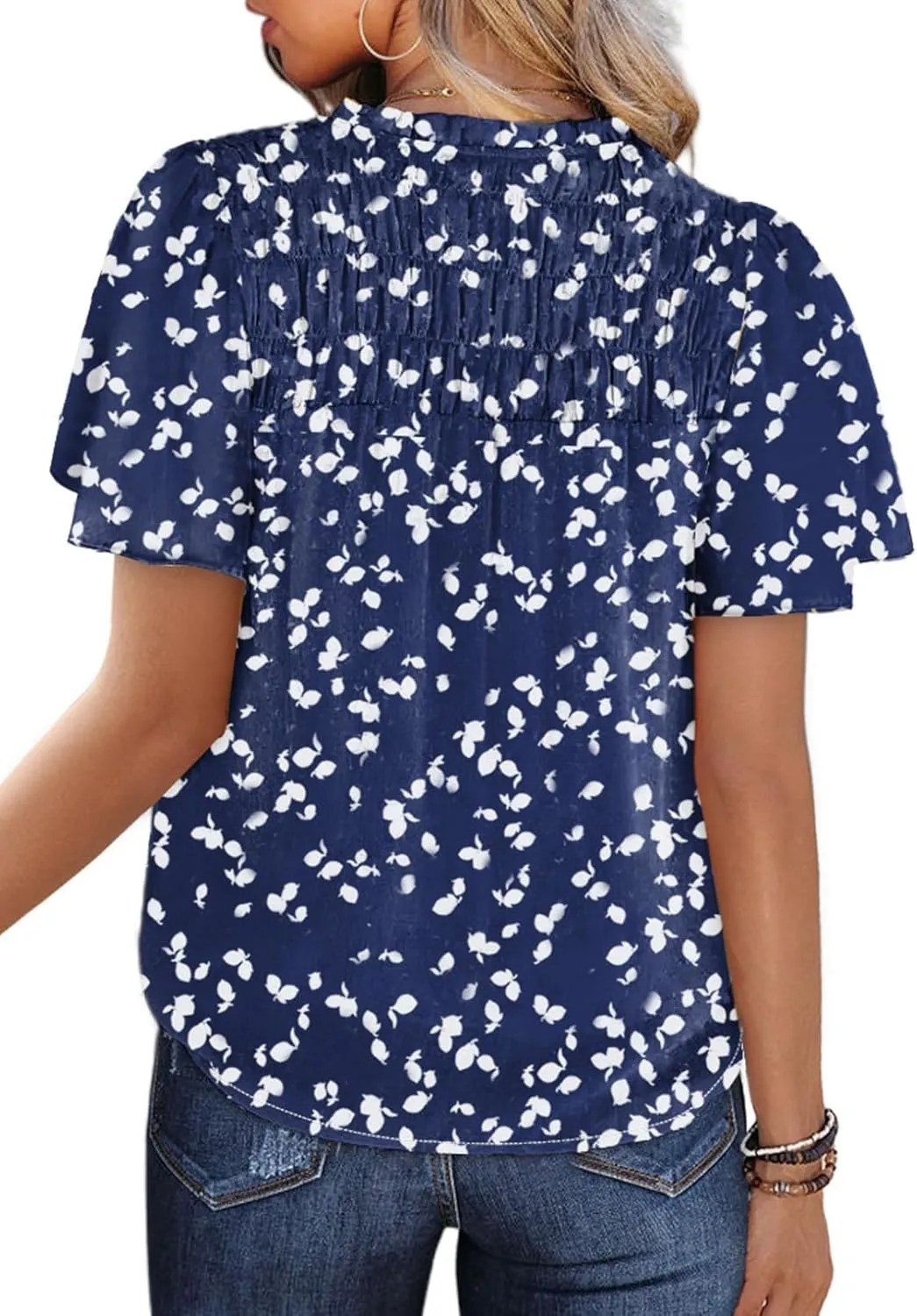 SHEWIN Women's Casual V Neck Floral Print Smocked Short Sleeve Chiffon Blouses Bohemian Top Shirts