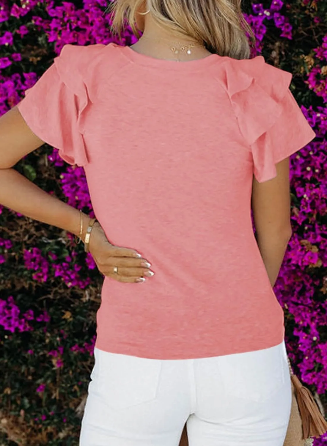 SHEWIN Womens Summer Tops Ruffle Short Sleeve T Shirts Casual Slim Fit