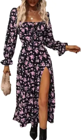 Spevert Women's Floral Print A-Line Midi Dress Long Sleeves Square Neck Tie Front Ruffle Hem Split Boho Beach Dresses