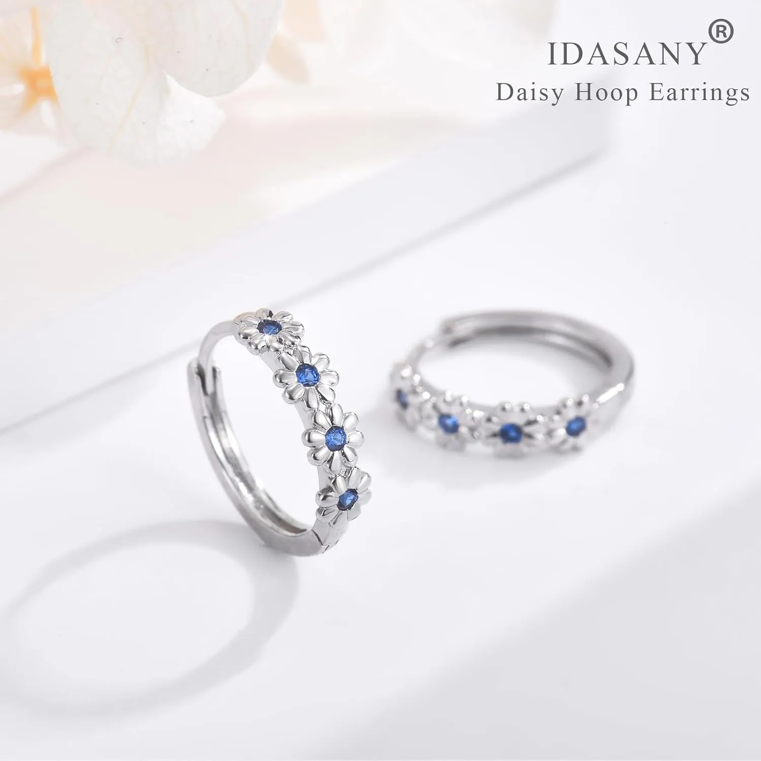 Sterling Silver Hoop Earrings for Women, Dainty Small Huggie Hoop Earrings | Hypoallergenic Daisy Color Cubic Zirconia Flower Hoops Earring Jewellery Gifts for Ladies Birthday Wedding, 12mm Hoop