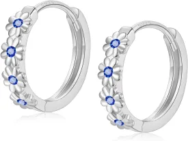 Sterling Silver Hoop Earrings for Women, Dainty Small Huggie Hoop Earrings | Hypoallergenic Daisy Color Cubic Zirconia Flower Hoops Earring Jewellery Gifts for Ladies Birthday Wedding, 12mm Hoop