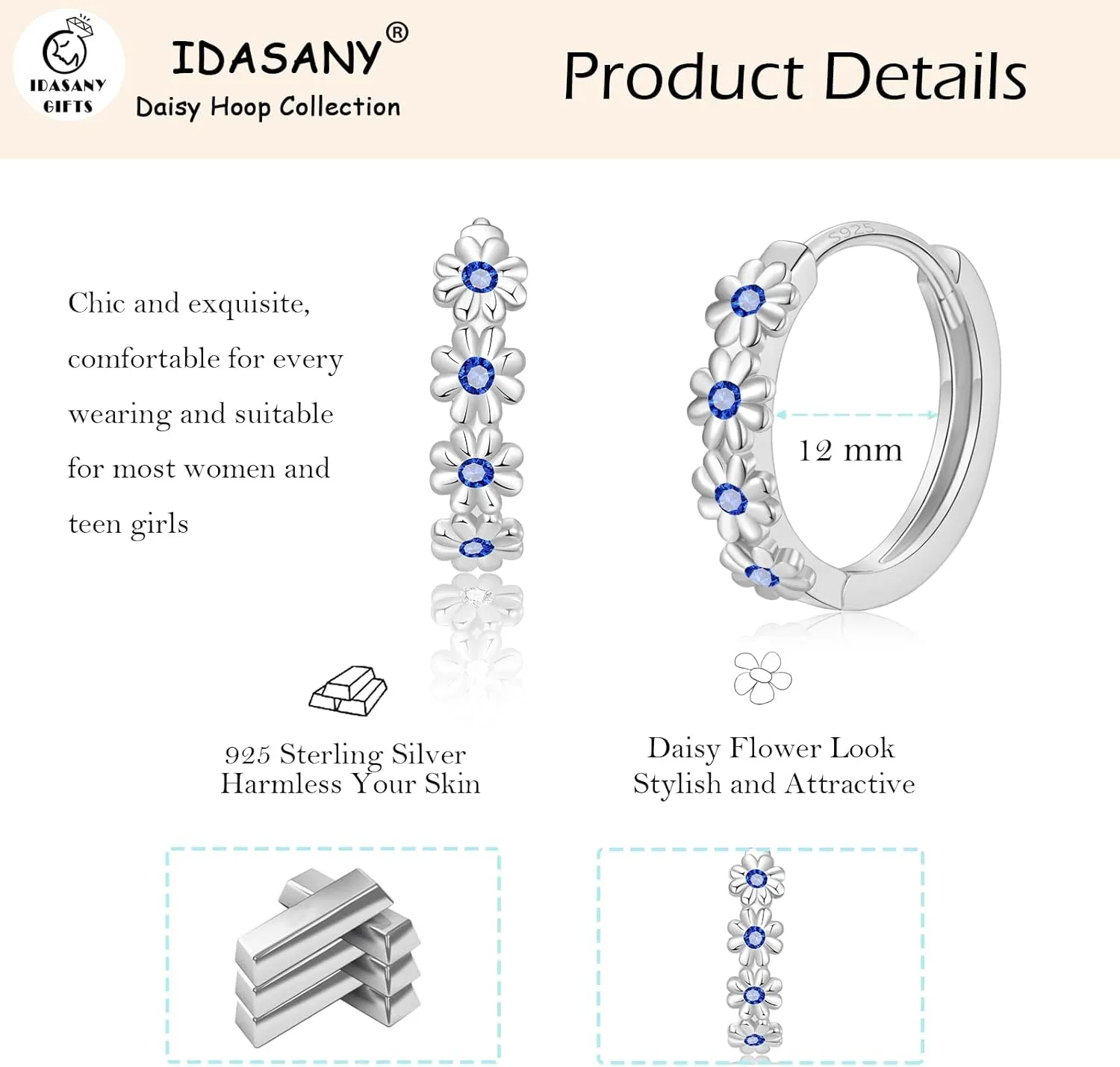 Sterling Silver Hoop Earrings for Women, Dainty Small Huggie Hoop Earrings | Hypoallergenic Daisy Color Cubic Zirconia Flower Hoops Earring Jewellery Gifts for Ladies Birthday Wedding, 12mm Hoop