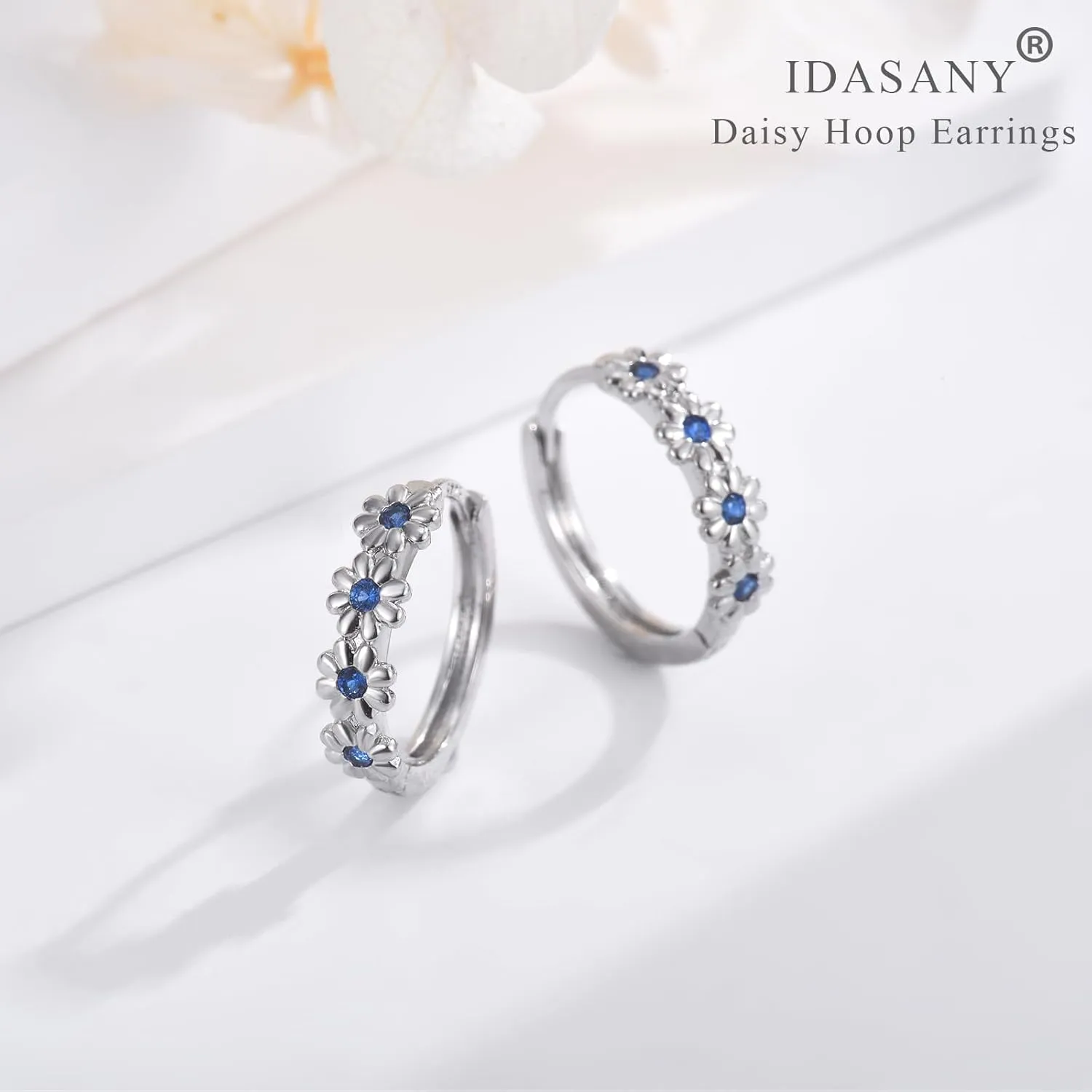 Sterling Silver Hoop Earrings for Women, Dainty Small Huggie Hoop Earrings | Hypoallergenic Daisy Color Cubic Zirconia Flower Hoops Earring Jewellery Gifts for Ladies Birthday Wedding, 12mm Hoop