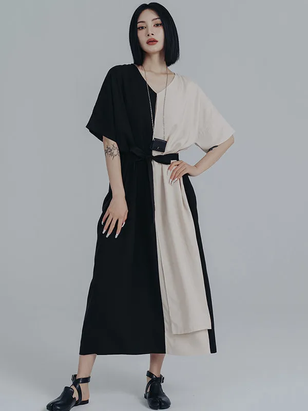 Urban Loose Contrast Color Split-Joint Reversible Midi Dress