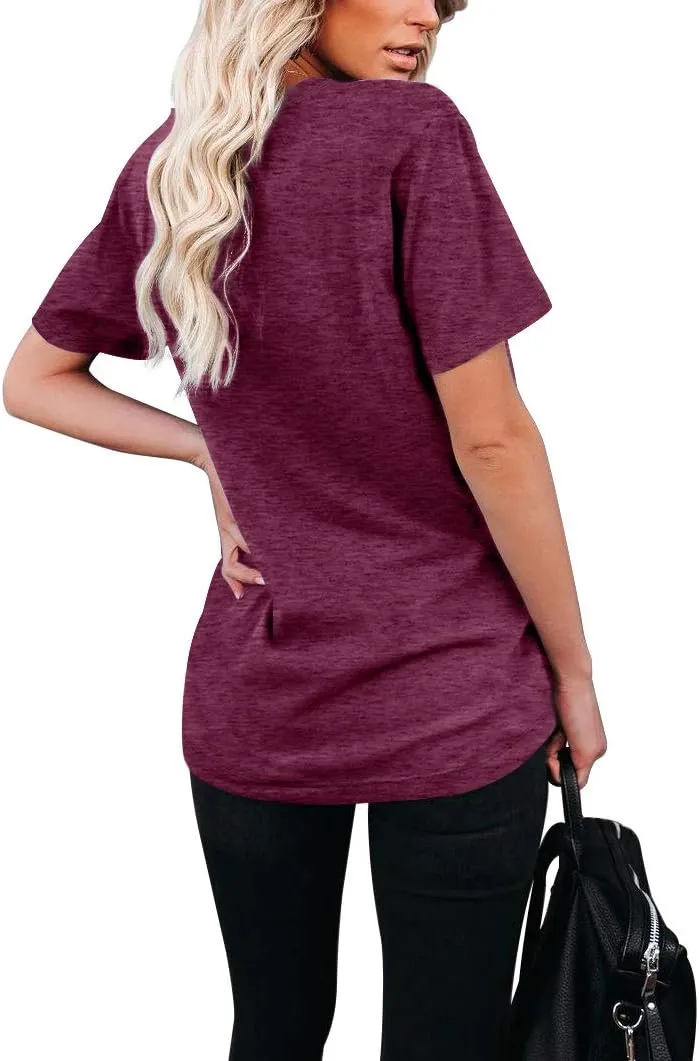 WIHOLL Women Summer T Shirts Short Sleeve Rounded V Neck Pocket Tee Tops