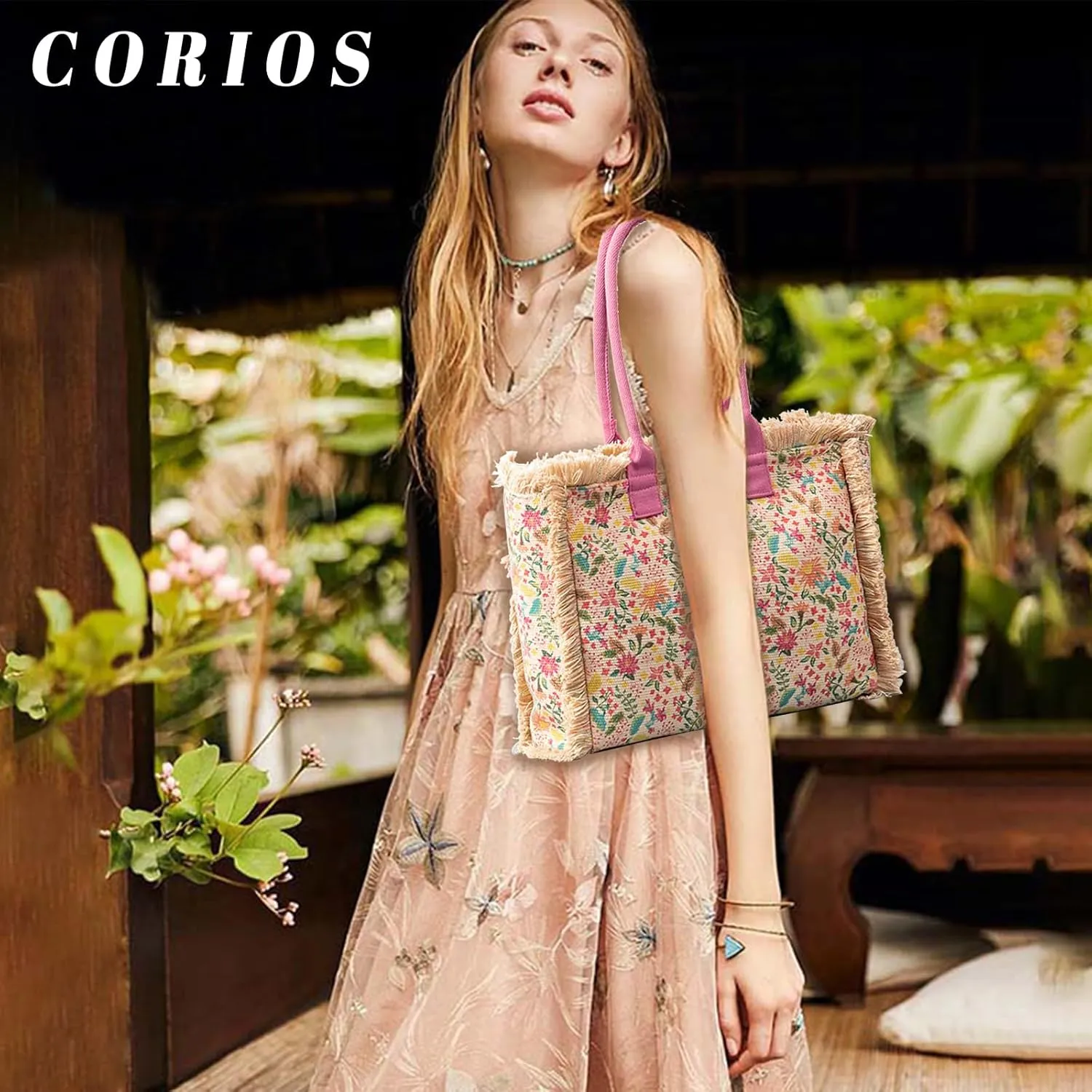 Women Canvas Handbag Ethnic Style Tote Bag Retro Shoulder Bag with Tassels Summer Beach Bag Bohemian Top Handle Bag