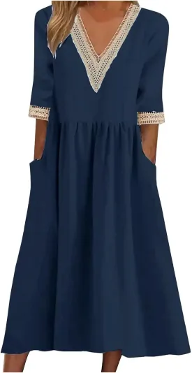 Women Cotton Linen Dress Hollow V Neck 3/4 Sleeve Casual Midi Dresses High Waist Pleated Flowy Spring Summer Dresses