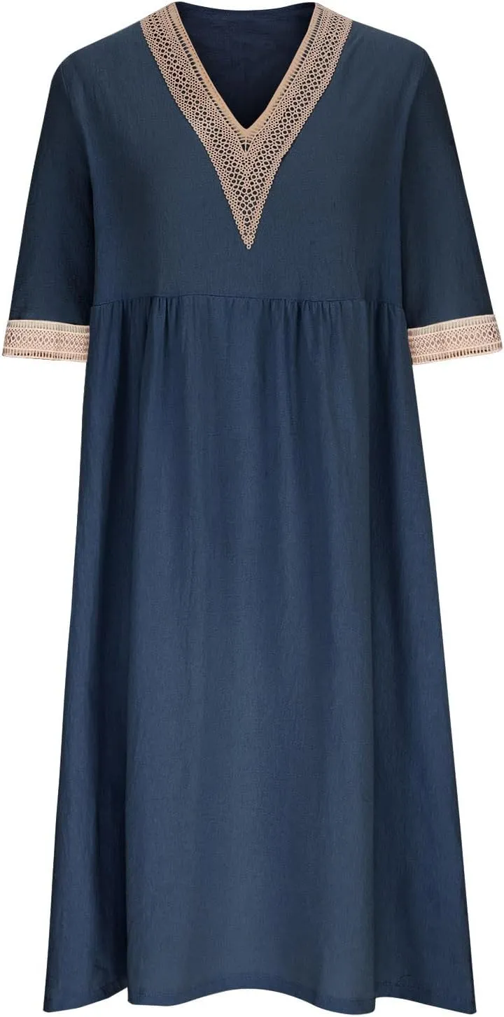 Women Cotton Linen Dress Hollow V Neck 3/4 Sleeve Casual Midi Dresses High Waist Pleated Flowy Spring Summer Dresses