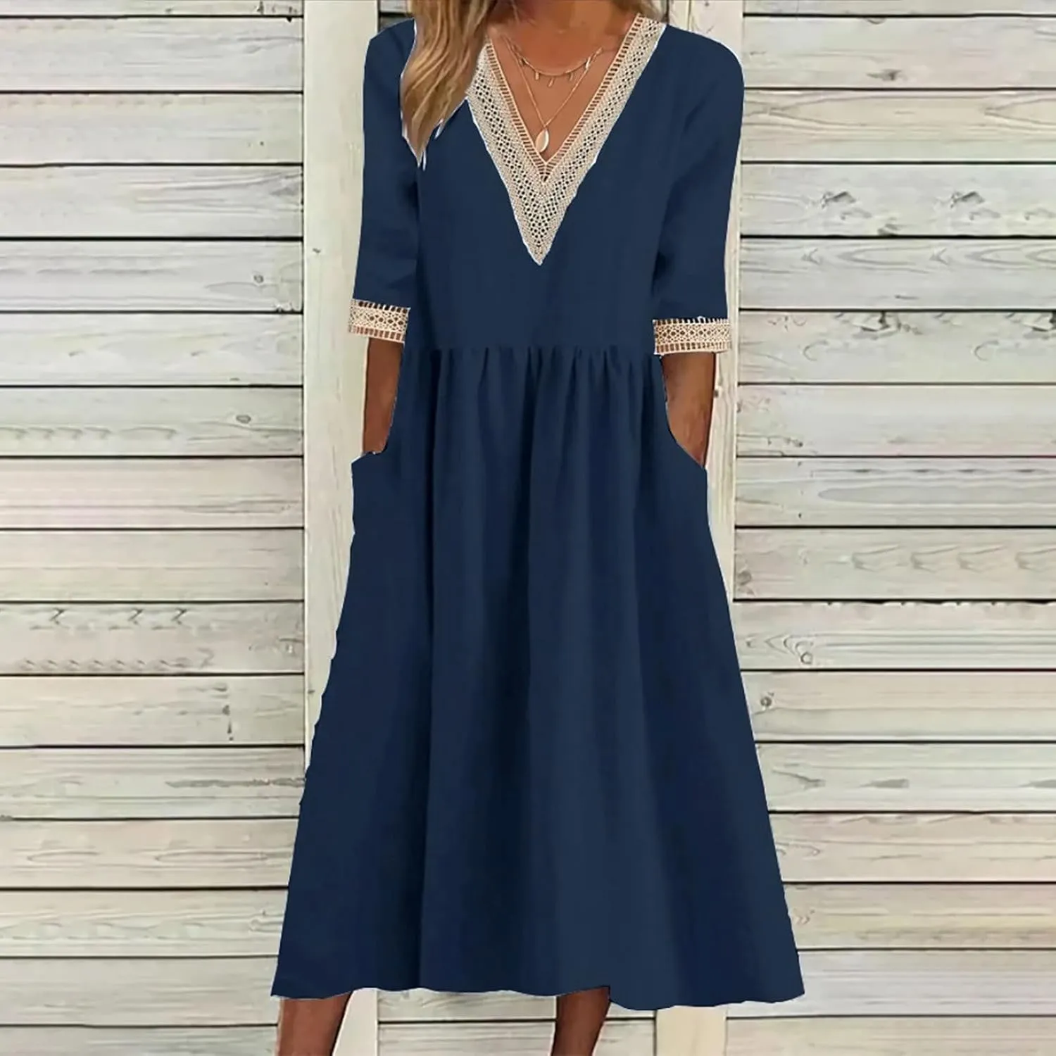 Women Cotton Linen Dress Hollow V Neck 3/4 Sleeve Casual Midi Dresses High Waist Pleated Flowy Spring Summer Dresses