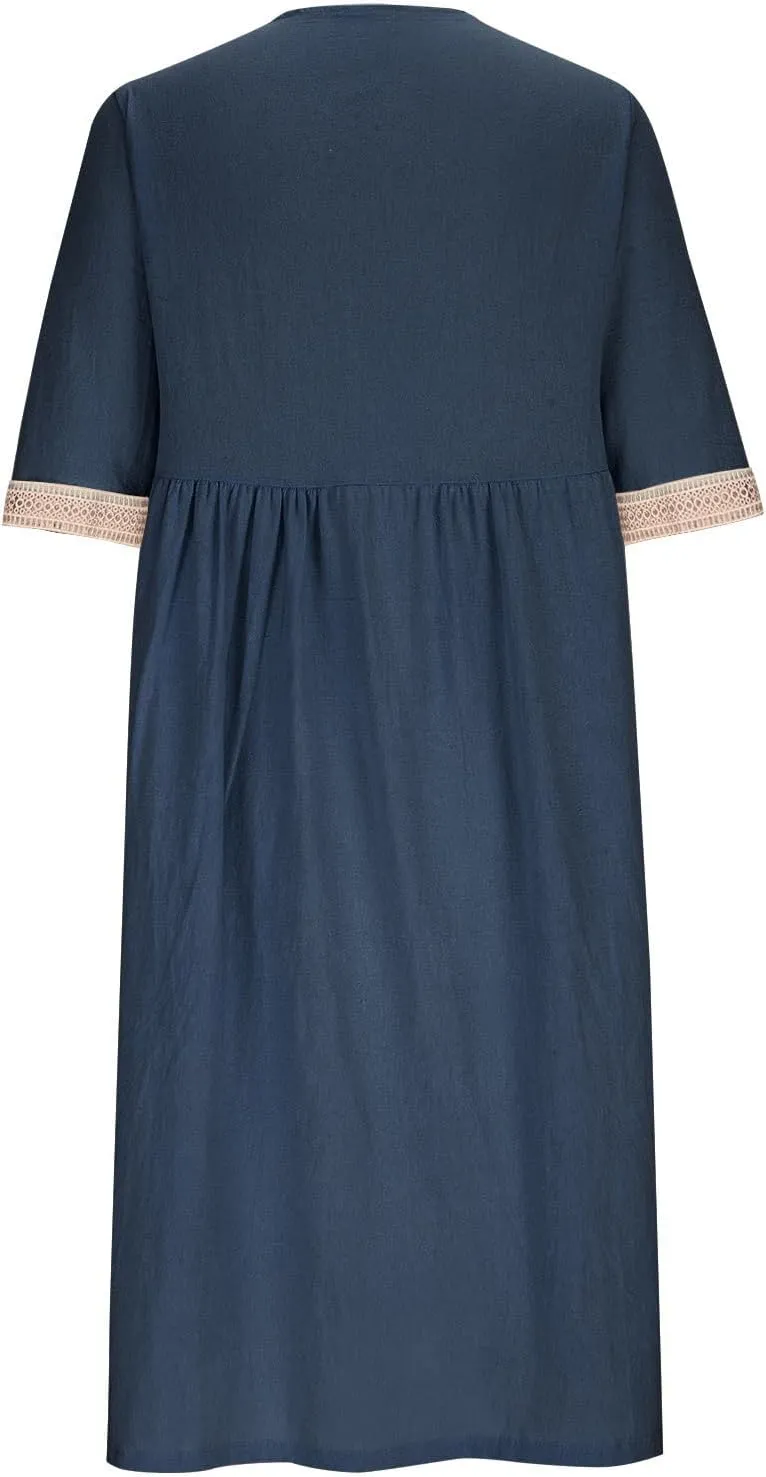 Women Cotton Linen Dress Hollow V Neck 3/4 Sleeve Casual Midi Dresses High Waist Pleated Flowy Spring Summer Dresses