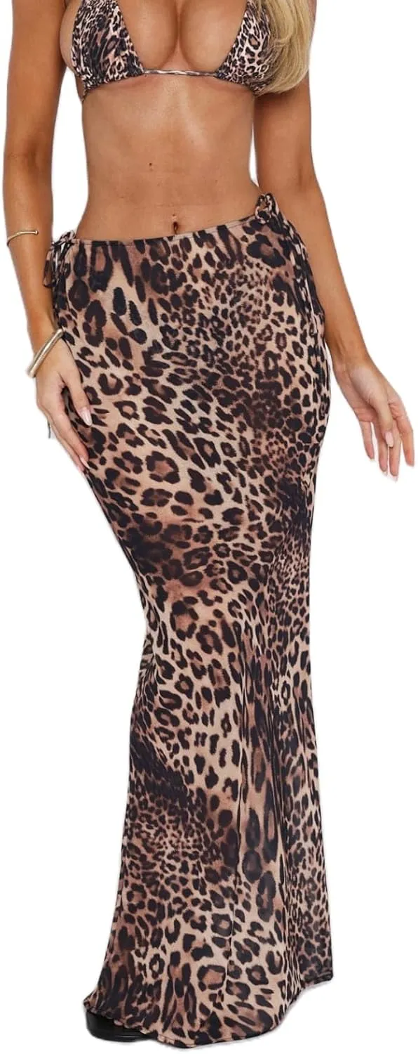 Women Floral Sheer Mesh Midi Skirt See Through High Waist Bodycon Long Skirt Boho Cover Up Summer Beach Skirts