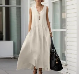 Women Summer Cotton Linen Dress Casual Sleeveless V Neck Beach Flowy Maxi Dress Long Shift Tunic Sun Dress with Pocket