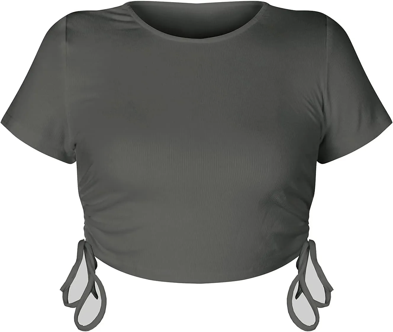 Women's Round Neck Short Sleeve Drawstring Side Slim Fit Stretchy Crop Tops