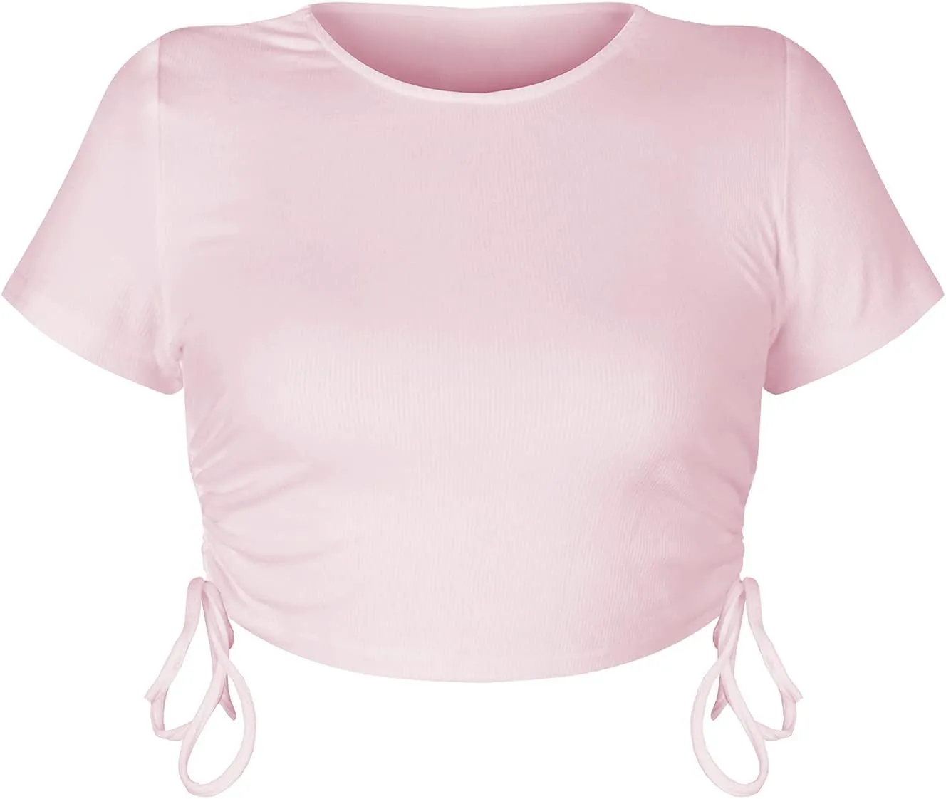 Women's Round Neck Short Sleeve Drawstring Side Slim Fit Stretchy Crop Tops