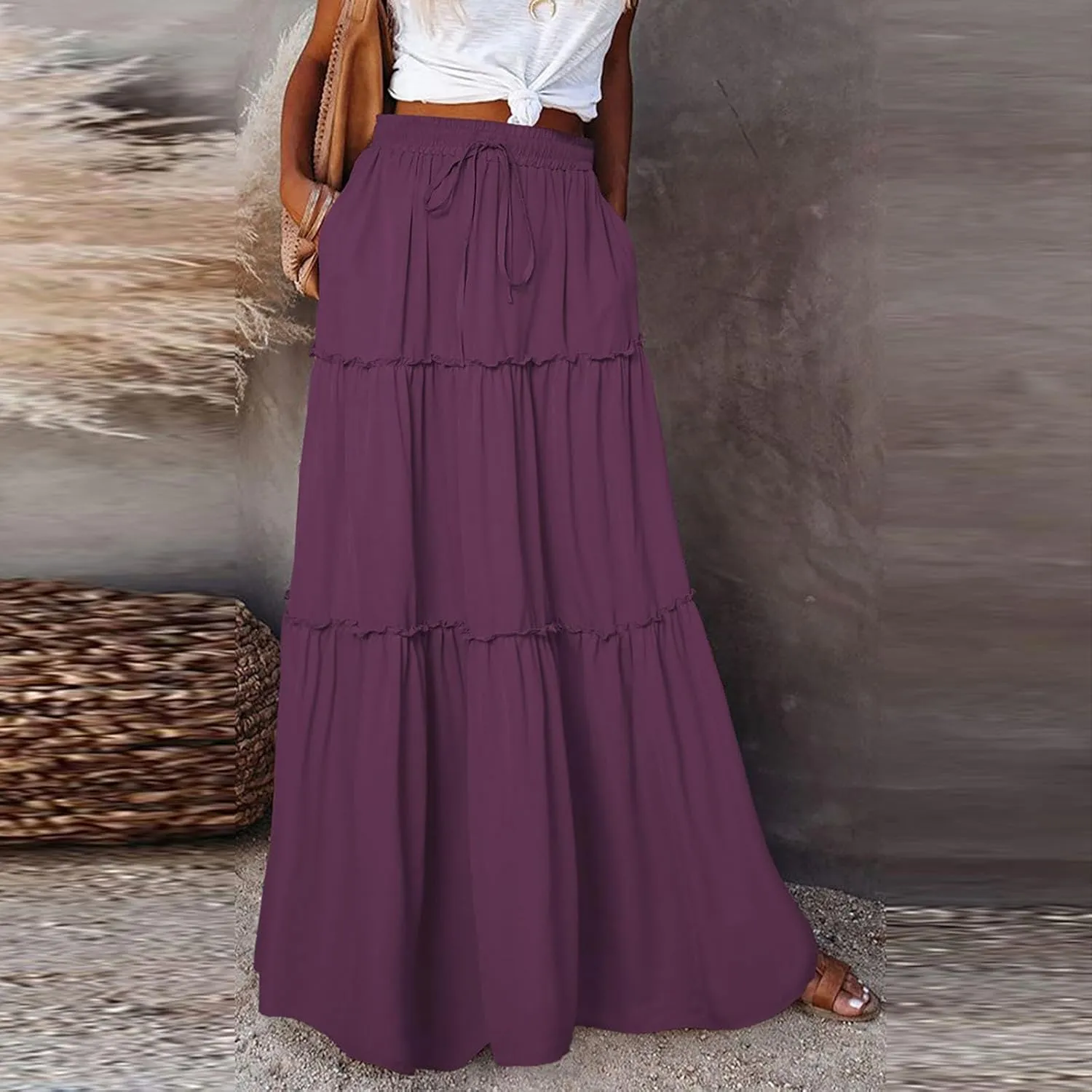 Women's Skirts 2025 Summer Casual High Waist Tie Boho Vacation Beach Long Skirt with Pockets