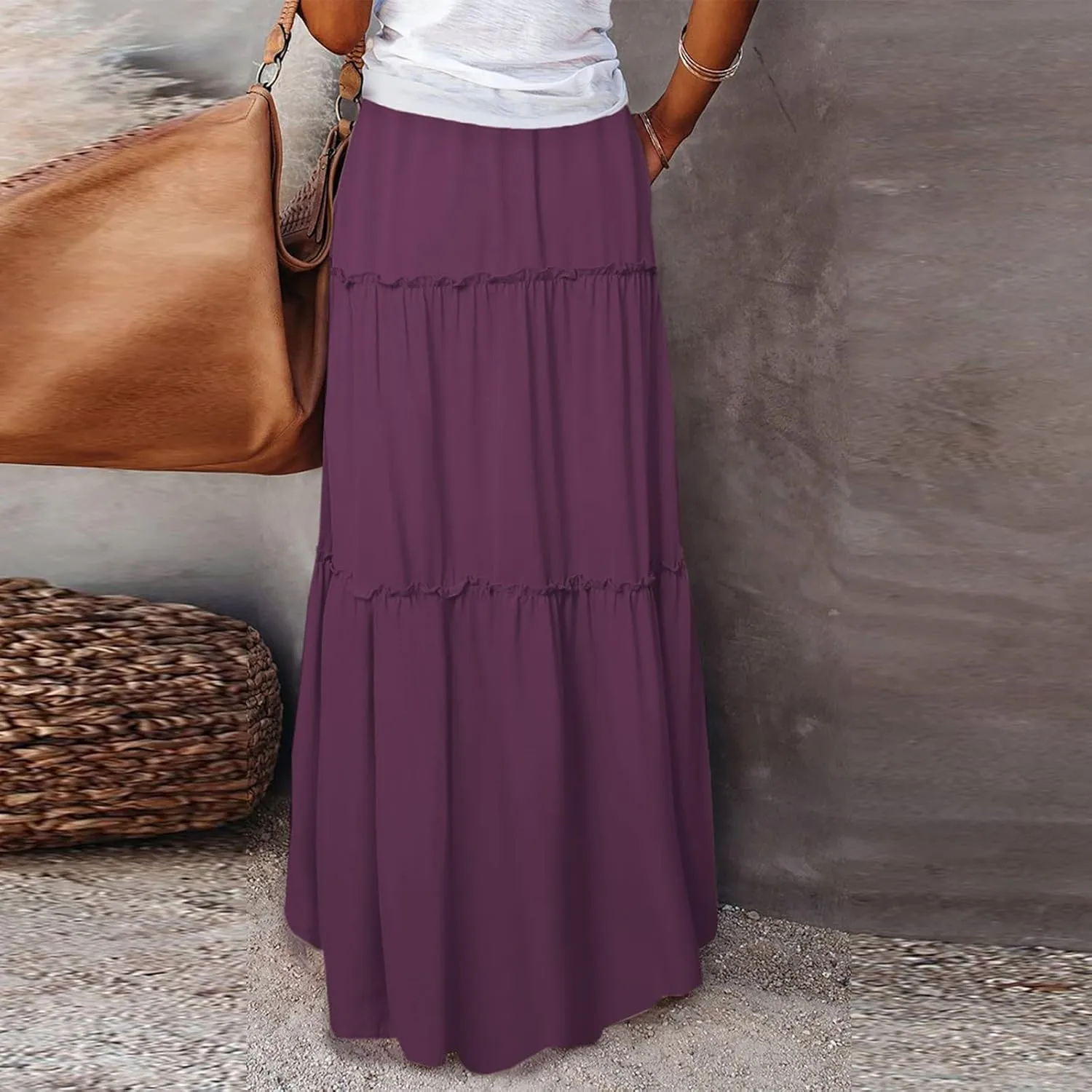 Women's Skirts 2025 Summer Casual High Waist Tie Boho Vacation Beach Long Skirt with Pockets