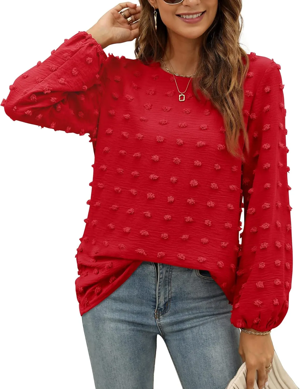 XIEERDUO Women's Chiffon Blouses Long Sleeve Crewneck Tops Dressy Casual Loose Pompom Shirts
