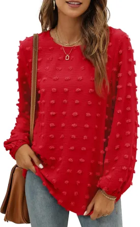 XIEERDUO Women's Chiffon Blouses Long Sleeve Crewneck Tops Dressy Casual Loose Pompom Shirts