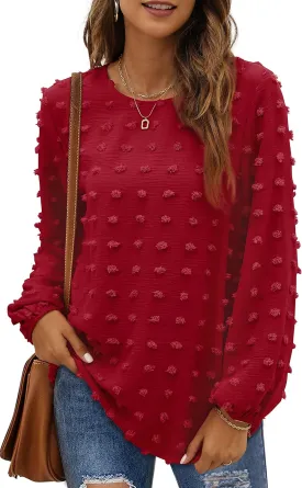 XIEERDUO Women's Chiffon Blouses Long Sleeve Crewneck Tops Dressy Casual Loose Pompom Shirts