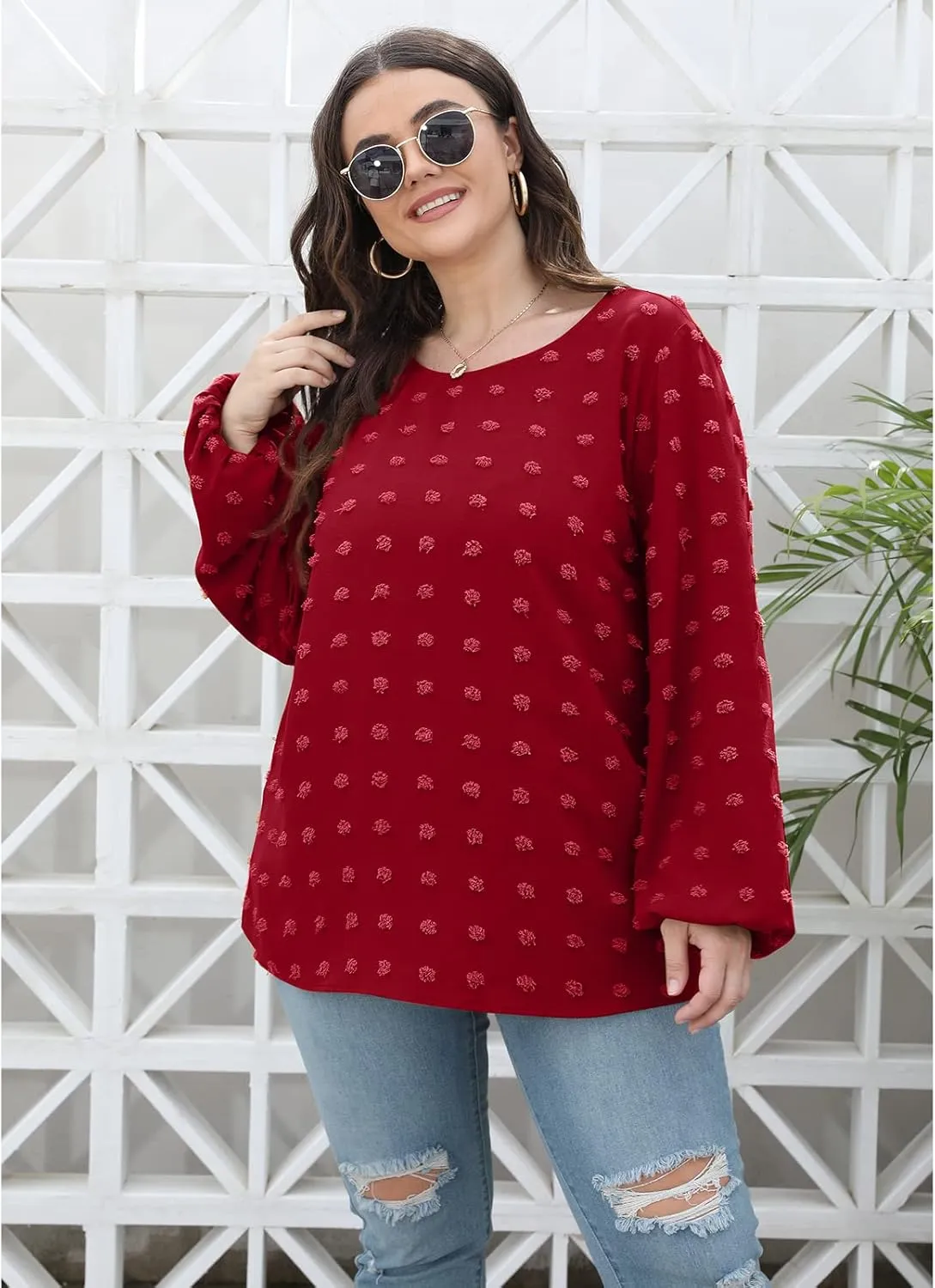 XIEERDUO Women's Chiffon Blouses Long Sleeve Crewneck Tops Dressy Casual Loose Pompom Shirts