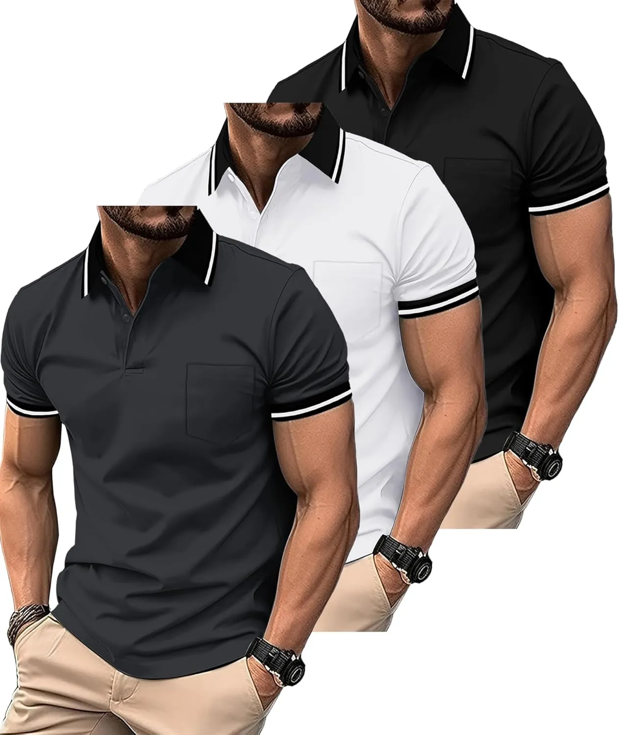 ZITY 3 Pack Men Polo Shirts Short Sleeve with Pocket Sport Wicking Shirts for Men Casual Athletic Collared T-Shirts